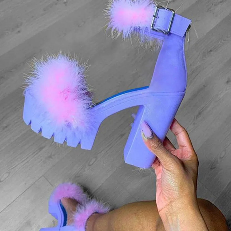 

Woman Platform Fur Sandals Ladies Plush High Heels Female PU Leather Non Slip Shoe Women Open Toe Women's Footwear Plus Size, Different colors and support to customized