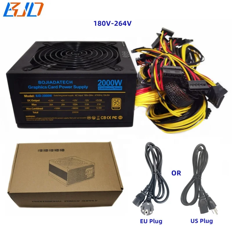 

2000W ATX PSU Switching Power Supply With Quiet Fan 180V-264V 95% Efficiency for 8 GPU Graphics Card Rig Frame