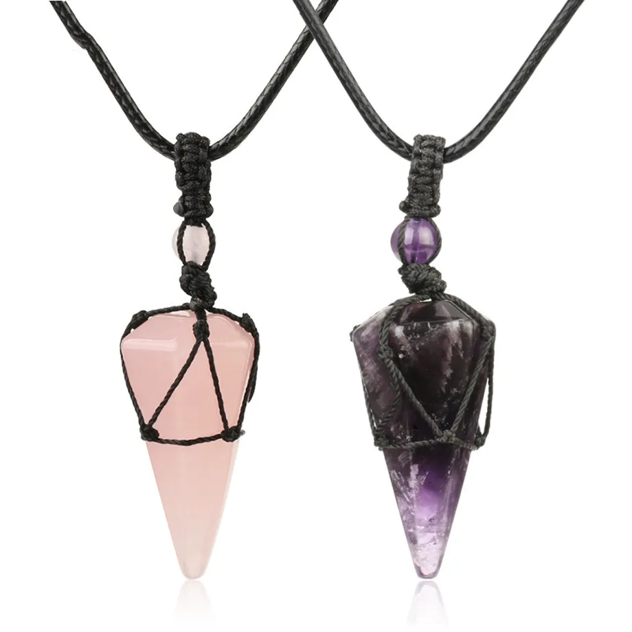 

New Fashion Healing Crystal Pointed Pendant Necklace Adjustable Natural Gem Necklace Jewelry for Men and Women 2021, Picture shows