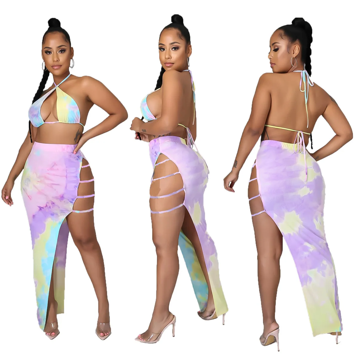 

Tie Dye Print Three Piece Thong Bikini Set 3 Piece Swimsuit Cover Up Brazilian Bikini Backless Extreme Bikinis Bathing Suits, Muticolor