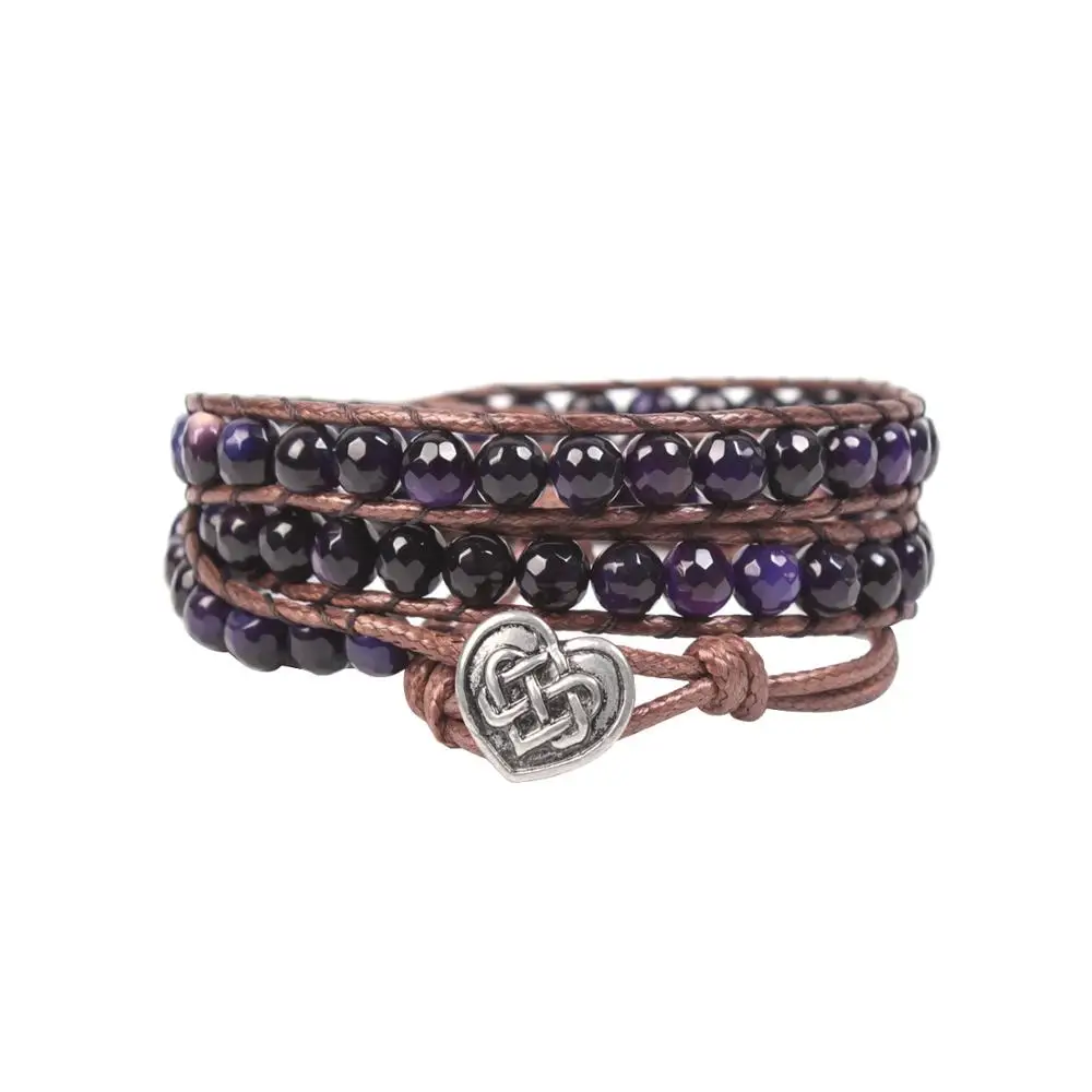 

Bohemian Boho Hand Weaving Multi Layer 6mm Natural Black Purple Agate Stone Braid Leather Wrap Bracelet