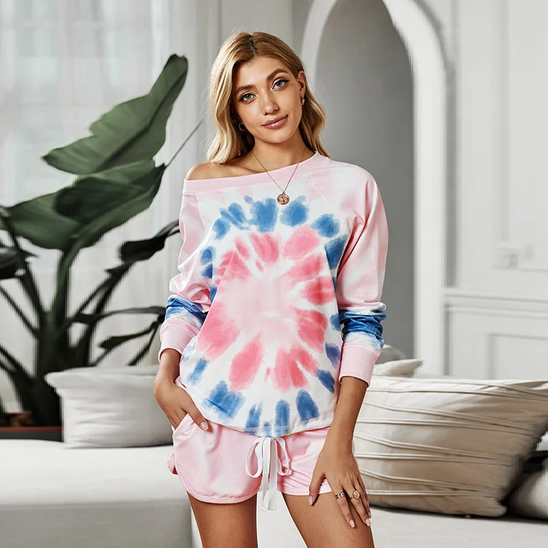 

Customized Summer Casual Tie Dye Printed Long Sleeve Tops And Shorts Adult Onesie Pajamas Set Women