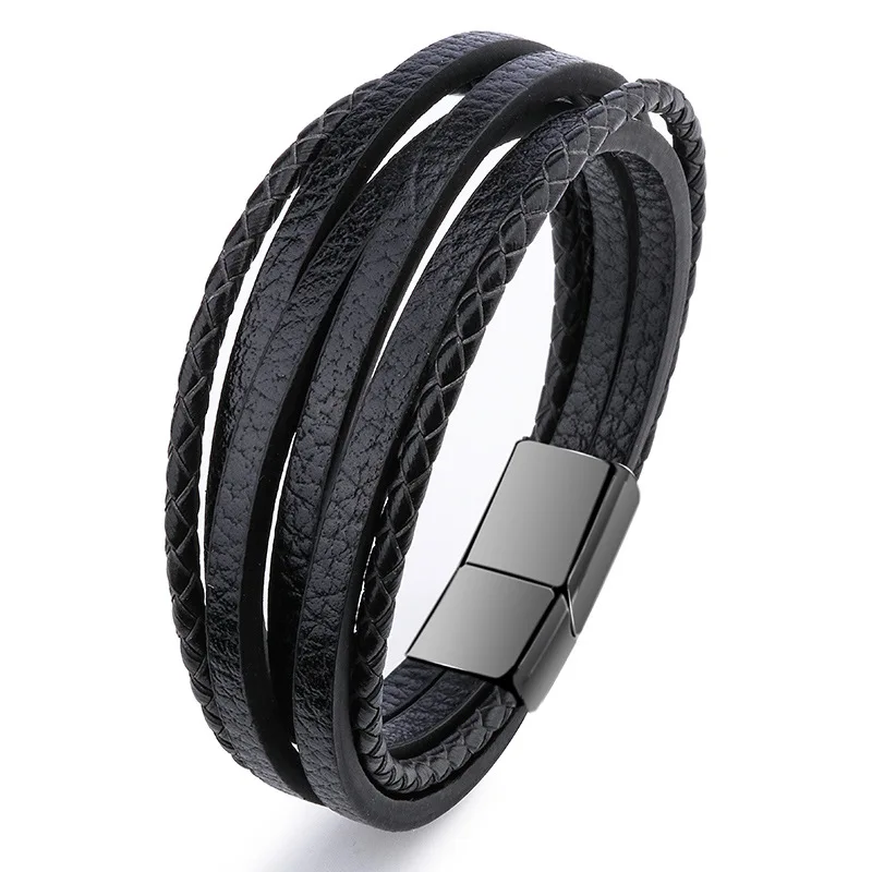 

Top Trendy Magnetic Buckle Black Leather Wrap Bangles Bracelet Multi Layers Leather Braided Bracelet For Men