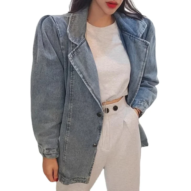 Wholesale 2023 Autumn Vintage Suit Collar Single Breasted Shoulder Pad Design Loose Versatile Suit Denim Women's Coat