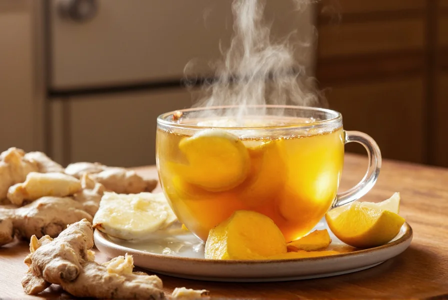 Steaming cup of ginger tea with fresh ginger slices and lemon wedge beside it on wooden table