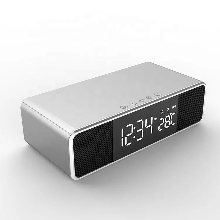 

2021 New Product Custom Logo Improved Clock Speaker 10Watt Wireless Charger with LED Digital Alarm