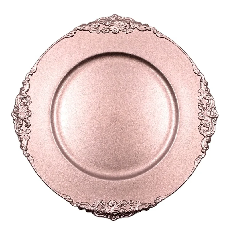 

Plastic Rose Gold Charger Plates with Antique Design for Rentals, Gold, rose gold, silver, white, red, blue, pink, etc.