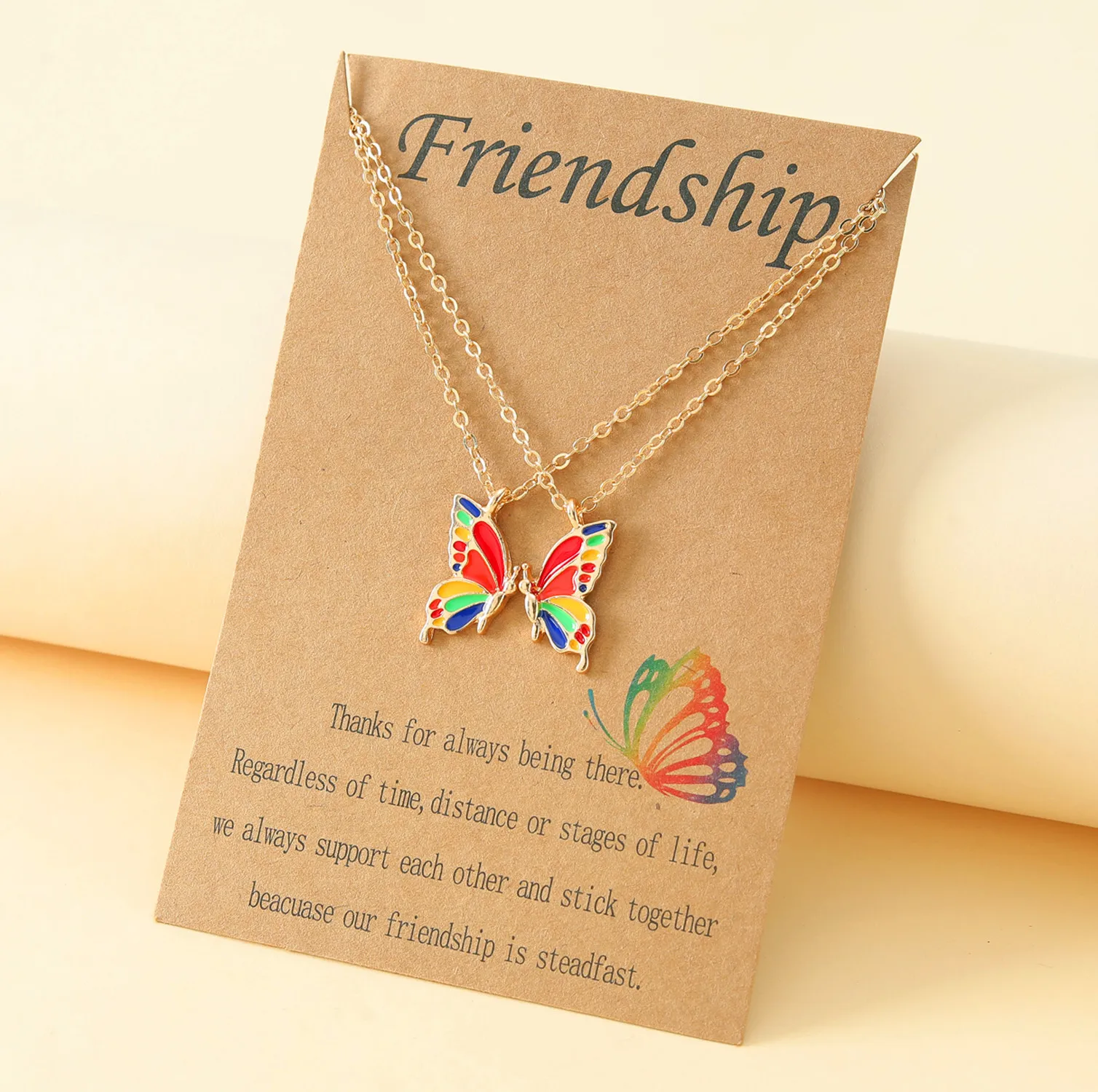 

2pcs Couple Best Friend Chain Choker Rope Necklaces Rainbow Oil Drip Lover Butterfly Pendant Necklace