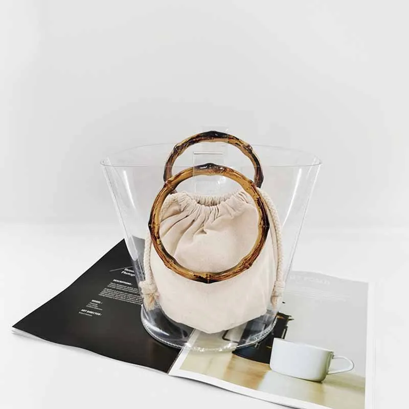 

2021 Latest Design Fashion Bamboo Handle Bucket Bag Hot Sale Transparent PVC Jelly Tote Simple Style Trendy Women Tote Handbag