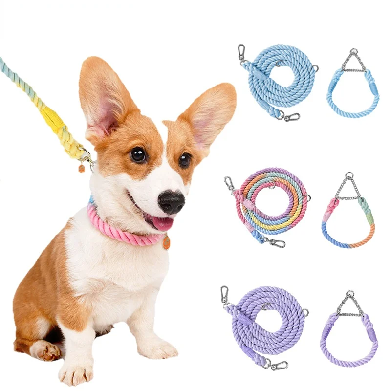 

Double-Headed Pet Dog Leash Set Woven Pet Lead Rope with Metal Dog Collar Outdoor Walking Training Dog Leash Hands Free, As picture