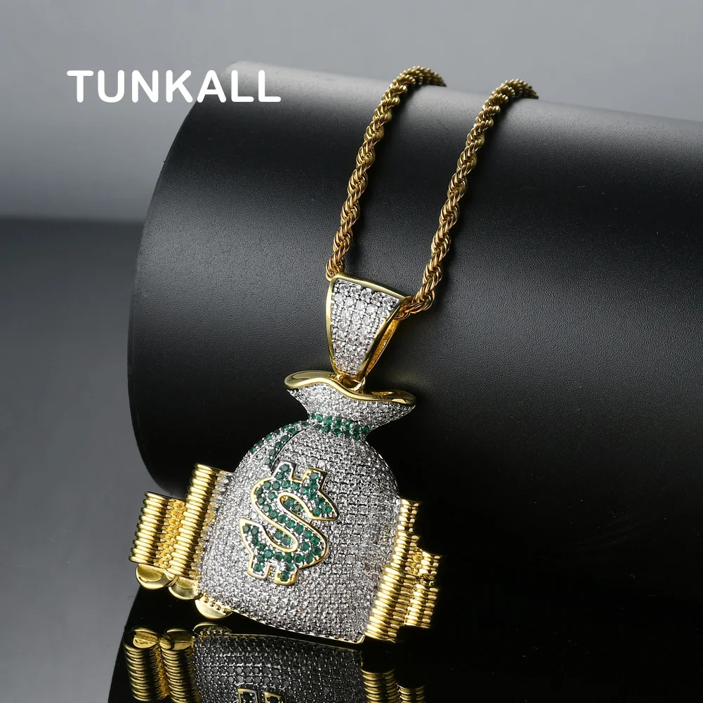 

CN003 Wholesale Hip Hop Money bag Pendant Brass Micro pave with CZ Bling Bling Mens Necklace RockJewelry
