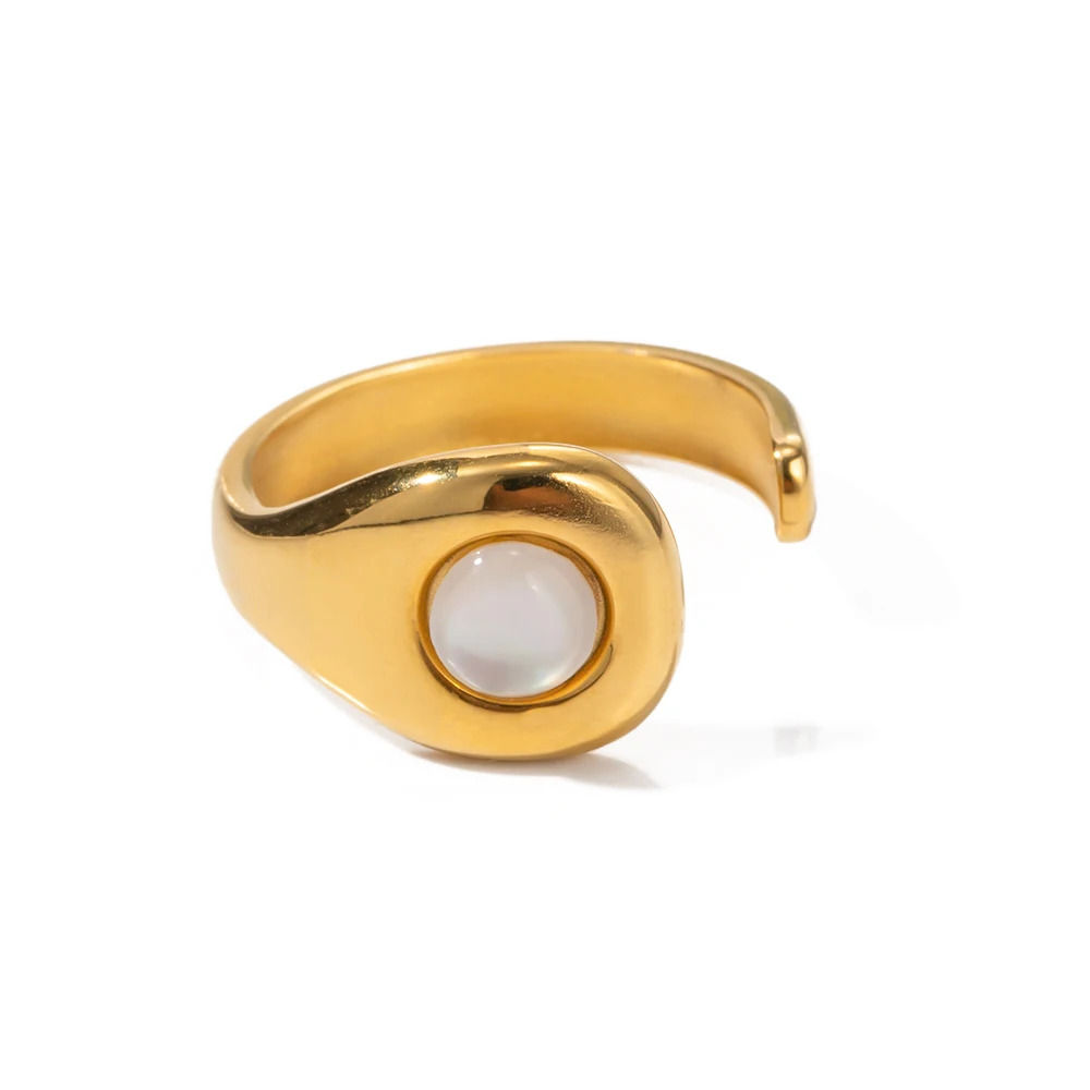 

New Arrival French 18K Gold Plated Chunky Ring Inlaid White Cat's Eyes Opal Stone Stainless Steel Open Ring