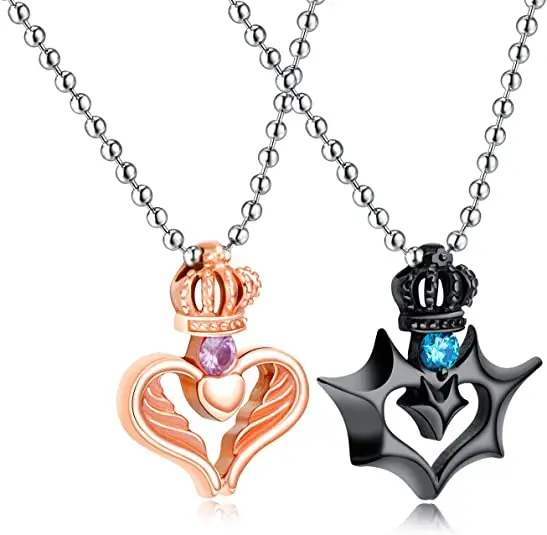 

2021 New Arrival Fashion His Queen and Hers King Crown Heart Necklace Couples Necklace for Men Women, Picture shows