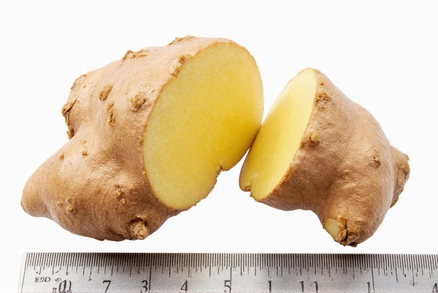 Close-up photograph of fresh ginger root showing knobby brown exterior and pale yellow interior after being cut open, with ruler for scale