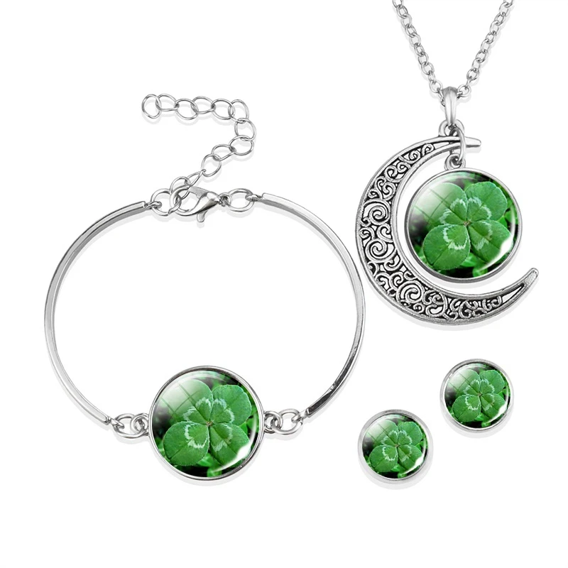 

Lucky Clover Jewelry Set Shamrock Glass Cabochon Stud Earrings Yotsunoha Moon Necklace Four Leaf Clover Bracelet