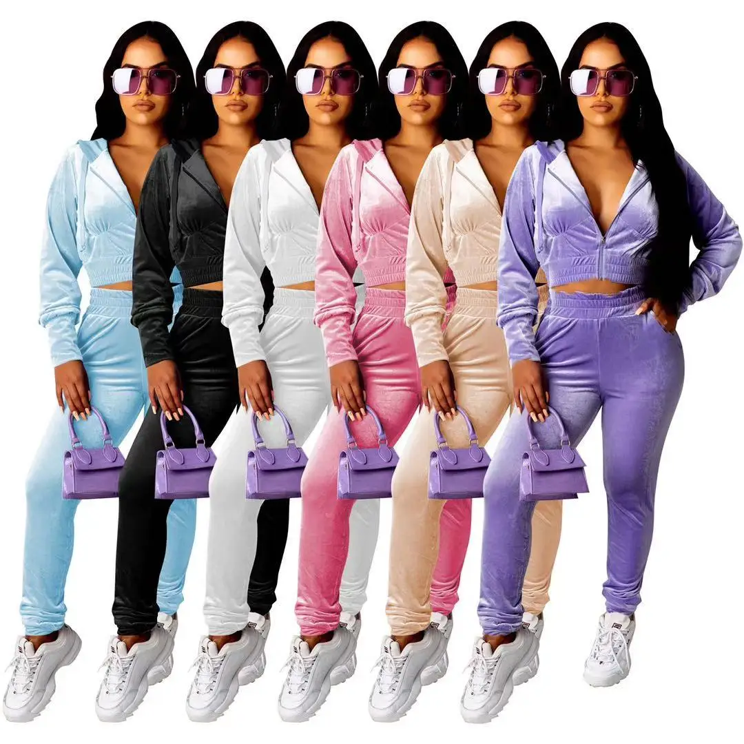 

2021 Hot Sale Solid Color Women Tracksuit Hooded Women'S spring Two-Piece Set Clothing velvet jogger set with hood