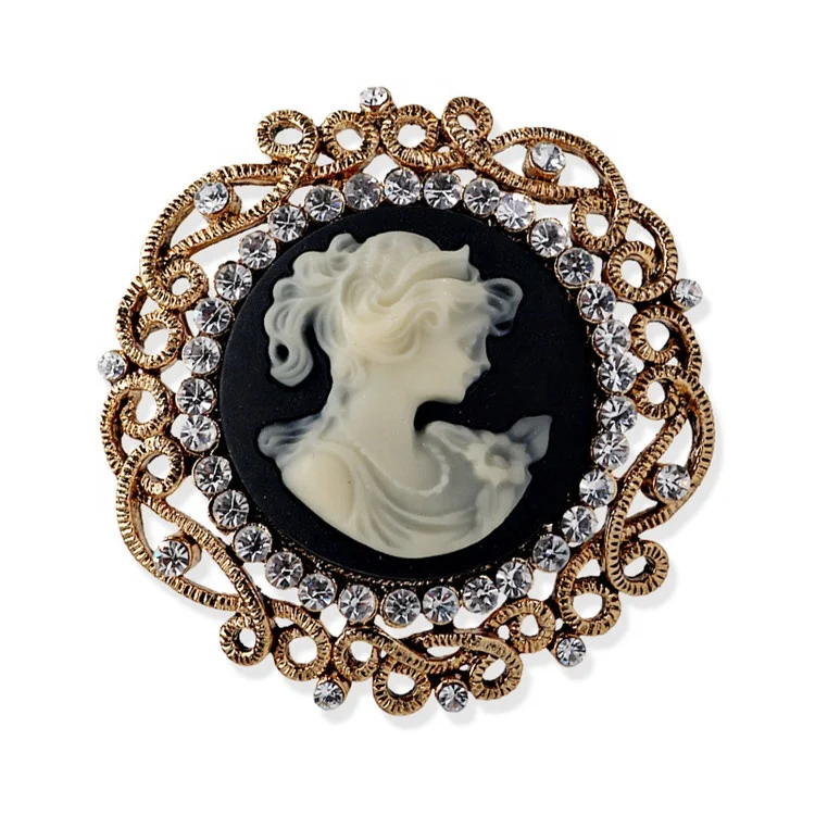 

Wholesale Custom Europe And America Retro Jewelry Alloy Rhinestone Portrait Cameo Jewelry Vintage Brooches For Women, Plating ancient silver/old gold