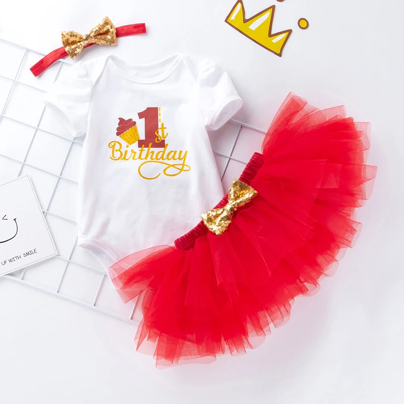 

Summer 3 Piece First Birthday Red Tutu Skirt Outfits For Baby Girl, Picture shows
