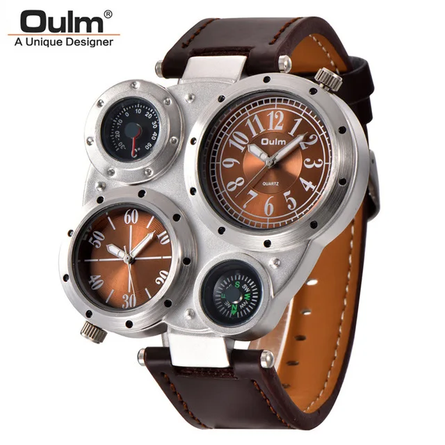 

Oulm 9415 Male Watch Decorated Thermometer Compass Unique Designer Luxury Brand Men's Sport Watches Two Time Zone Men Wristwatch