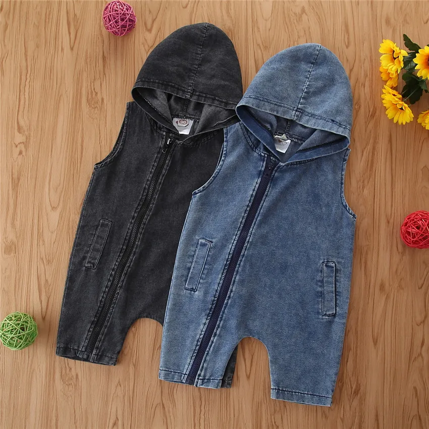 

Newborn Unisex Baby Boys Girls denim Romper baby summer sleeveless hooded Jumpsuit jeans Clothes, Picture shows