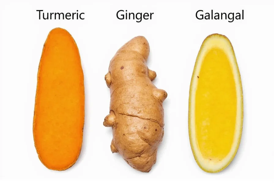 Side-by-side comparison of turmeric root, ginger root, and galangal showing differences in shape, skin texture, and interior color