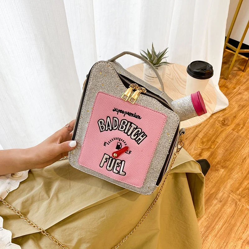 

Gasoline Bottle Shape Embroidery Letter Laser Sequins Shoulder Women Unique Handbags Purses Bag, 7 colors