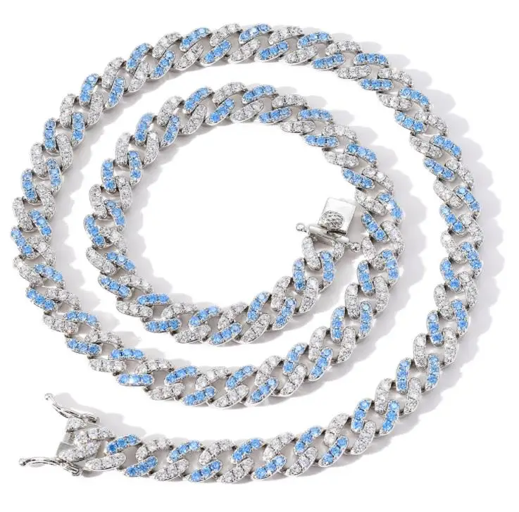 

XuQian 9mm Custom Hip Hop Sea Blue Cuban Link Chains Jewelry Necklace, Gold