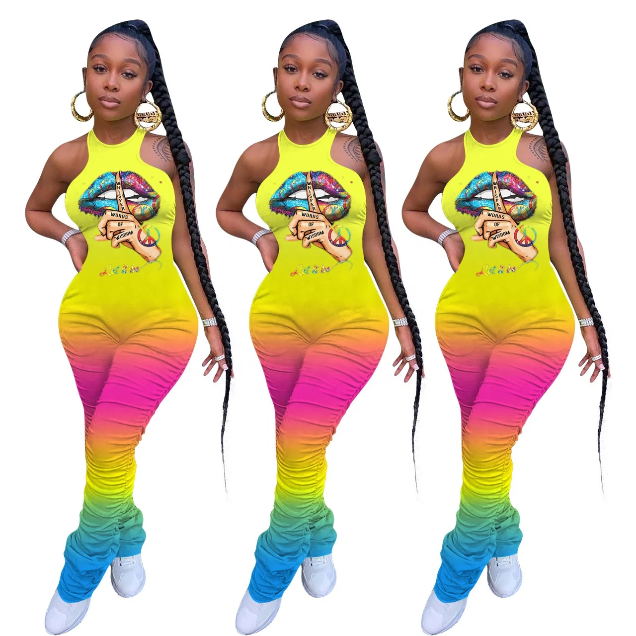 

Color Jumpsuit Women's Clothing Rainbow MT82-8252 Explosive Fashion Gradient Casual Pencil Pants Flat Front Full Length Regular