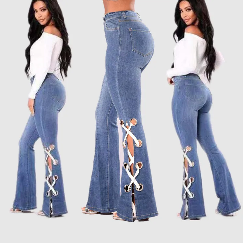 

Wholesale 3 colors fashion women flared belt bow hot selling long women denim jeans for women, Blue