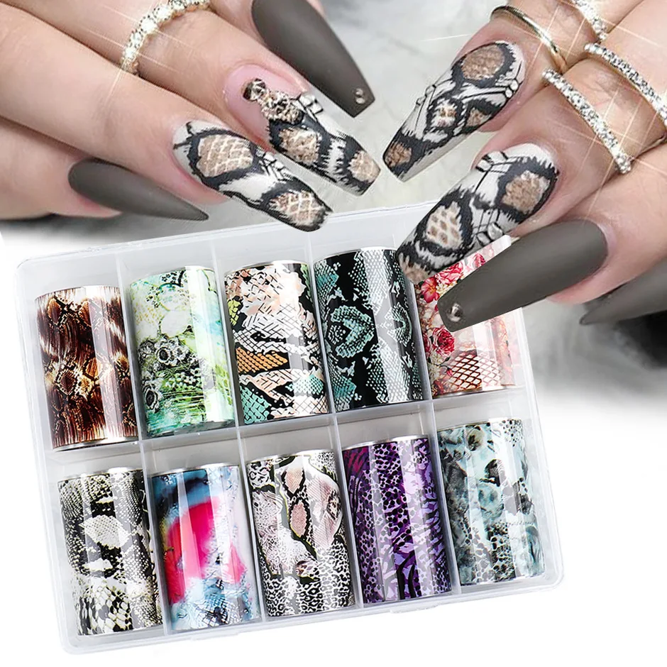 

2020 New 10pcs Snake Serpentine Nail Foils Transfer Roll Wild Animal Leopard Winter Starry Paper Accessory Nail Sticker, Picture