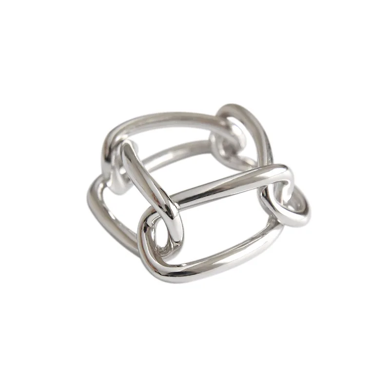 

S925 Sterling Silver Ring Ins Simple Chain Square Buckle Female Ring Index Finger Ring Student Silver Jewelry