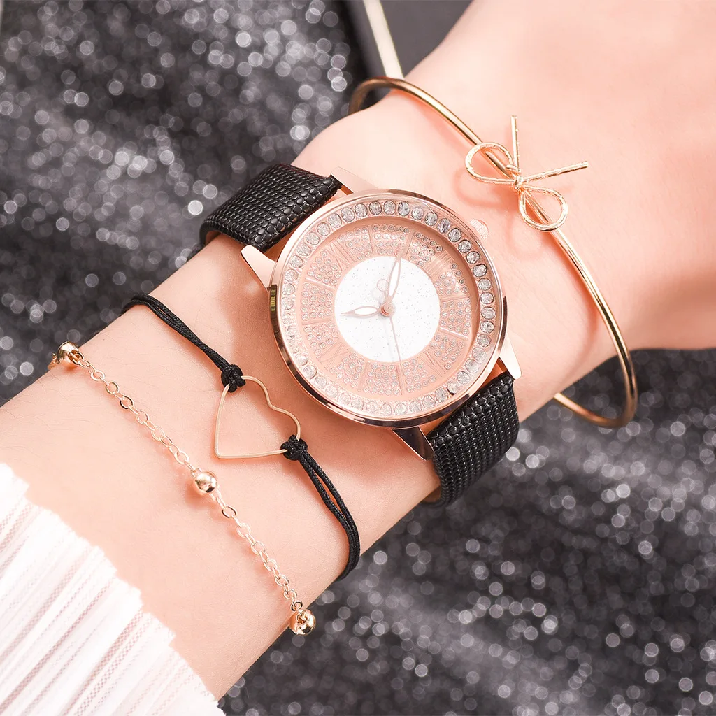

Simple fashion women's watch diamond watch women's pu strap women's watch four-piece set