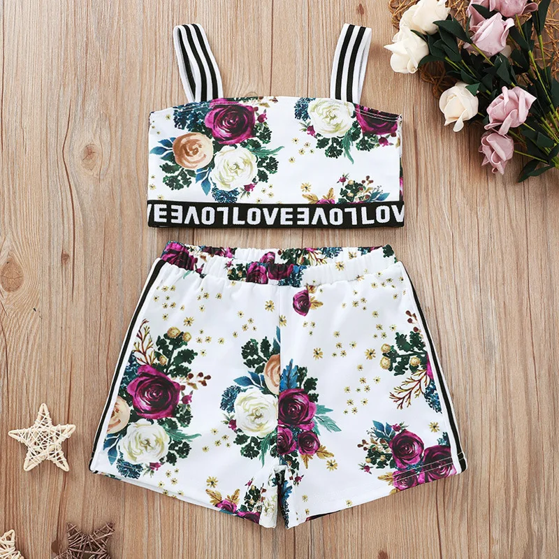

Factory direct hot sale summer boutique outwear teen flower printed sleeveless two pieces children kids 2020 girl clothing