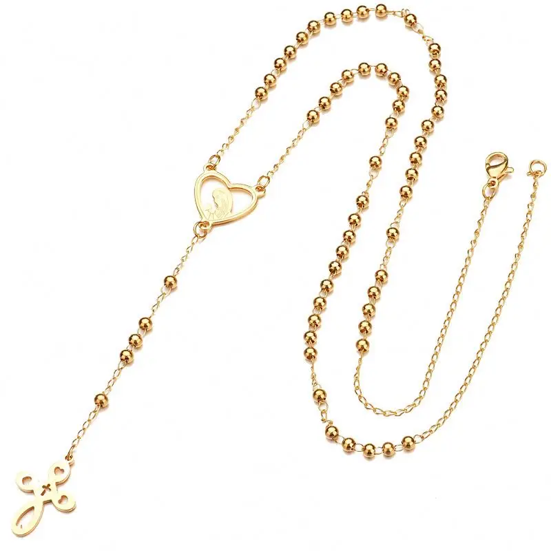 

Women Stainless Steel Long Gold Rosary Beads Necklace Gold Jesus Virgin Mary Cross Pendant Necklace