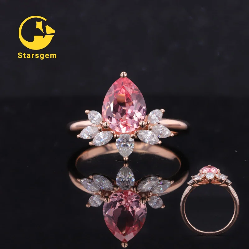 

Starsgem customize solid gold Padparadscha color pear cut lab grown sapphire and lab diamond engagement ring