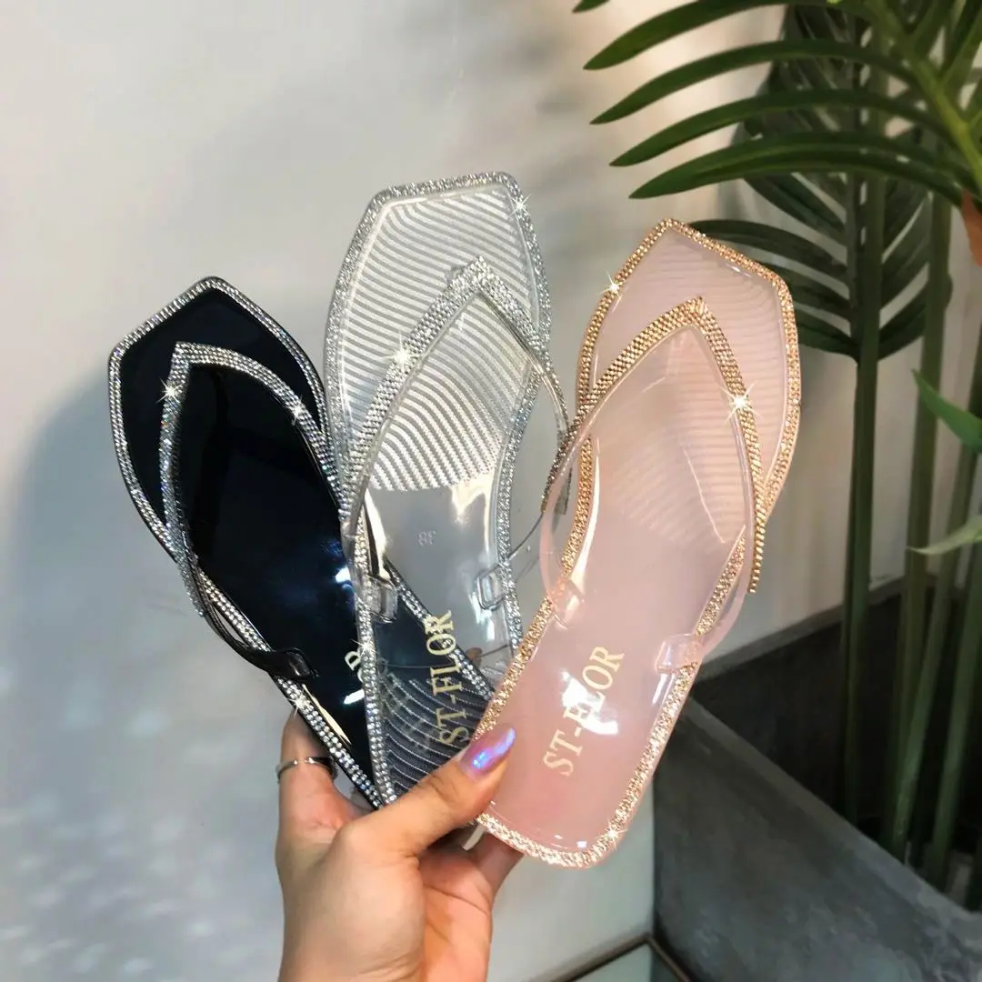 

2021 New Arrival Summer Women Colorful Diamonds Crystal Shoes Slippers Lady Fshion Flip Flops, Black/nude/clear