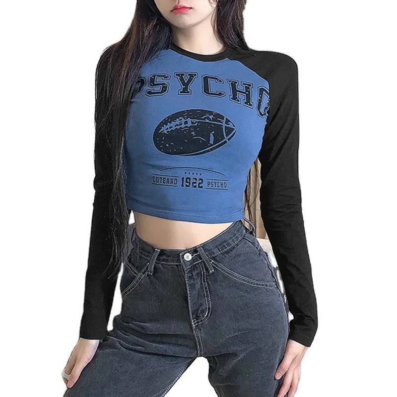 

Women Sexy Crop Top Long Sleeve Crewneck Rugby Graphic Letter Print Slim Fit Raglan T-Shirt Casual Harajuku Skinny Streetwear, As picture