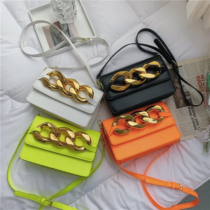 

2021 Best Selling Big Chain Colorful Leather Messenger Bag Fashion Cute Girls Ladies Neon Handbag