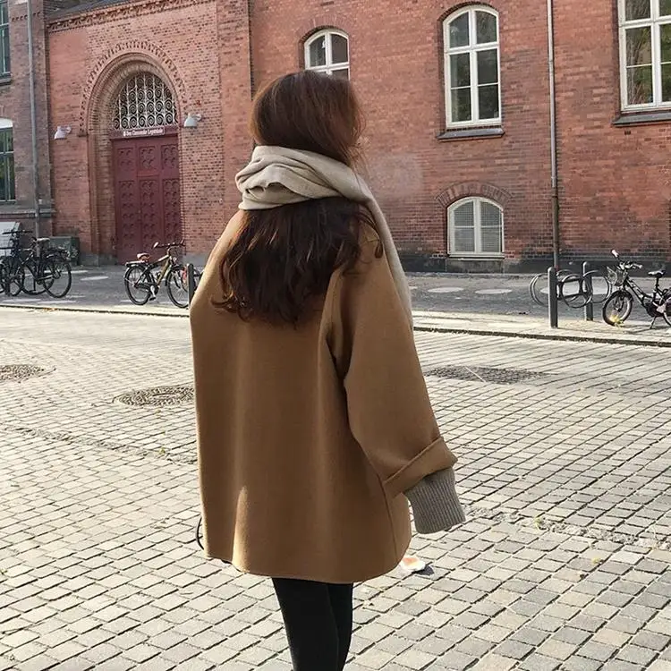 New fashion women autumn winter turn-down collar solid color loose casual coat medium length woollen overcoat