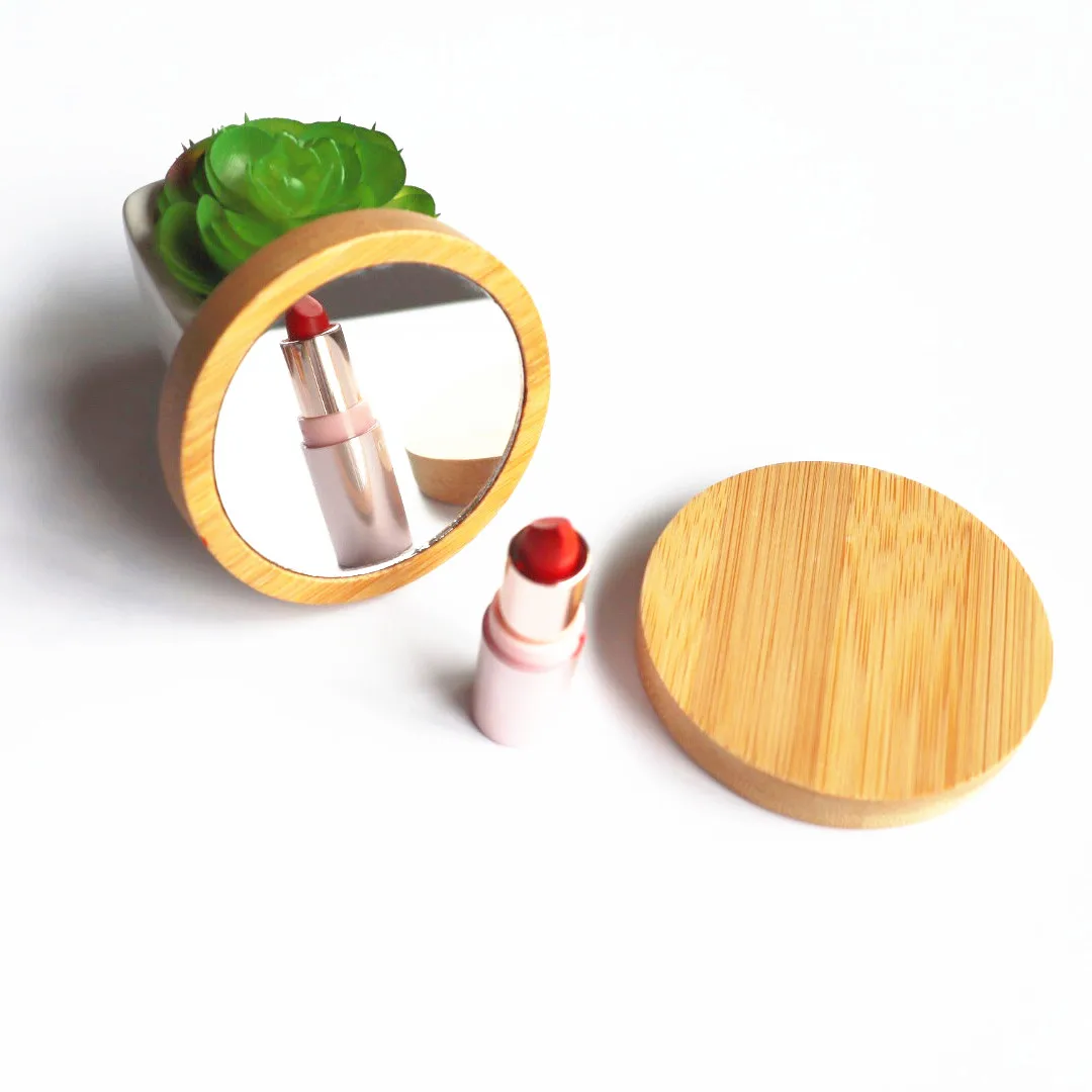 

Eco friendly bamboo wooden round portable pocket make up mirror