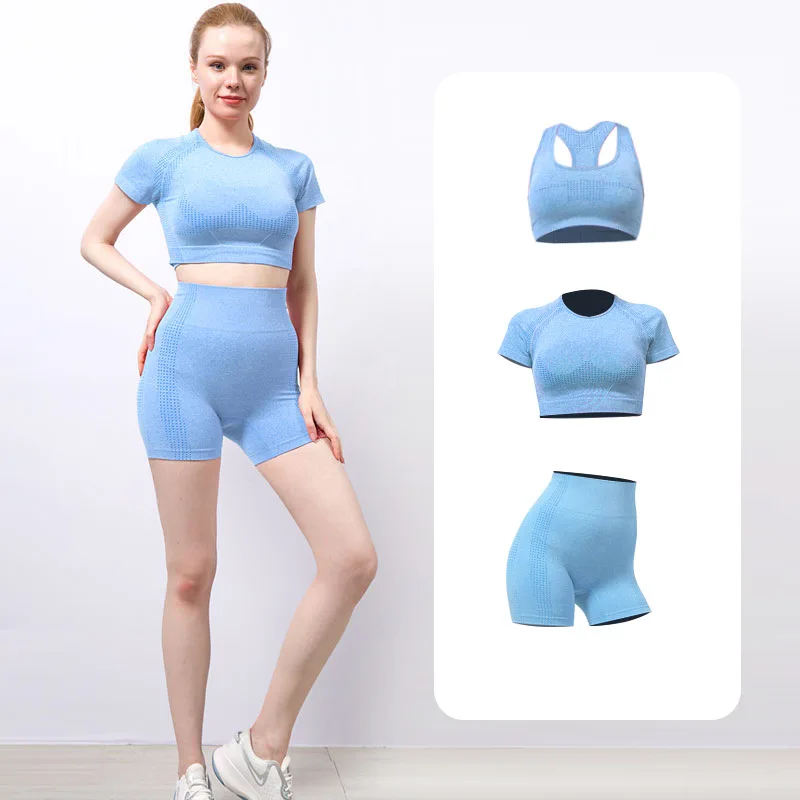 

sportswear 3 piece women 2 piece seamless summer yoga sports bra and sweat shorts set