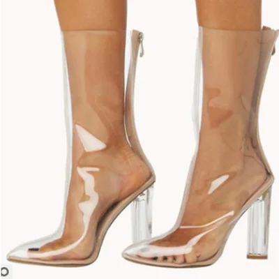 

Hot breathable transparent back zipper crystal chunky square heel women's pink sandals