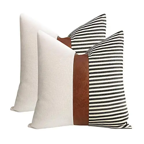 

18X18 Modern Black Farmhouse Stripe Patchwork Linen Throw Pillow Covers Faux Leather Cushion cover Couch Sofa