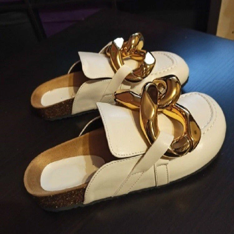 

Women Mules Slipper Casual Slides Flip-flops Slippers Round Toe New Arrival Design Gold Chain Closed Slip On Shoes 2022
