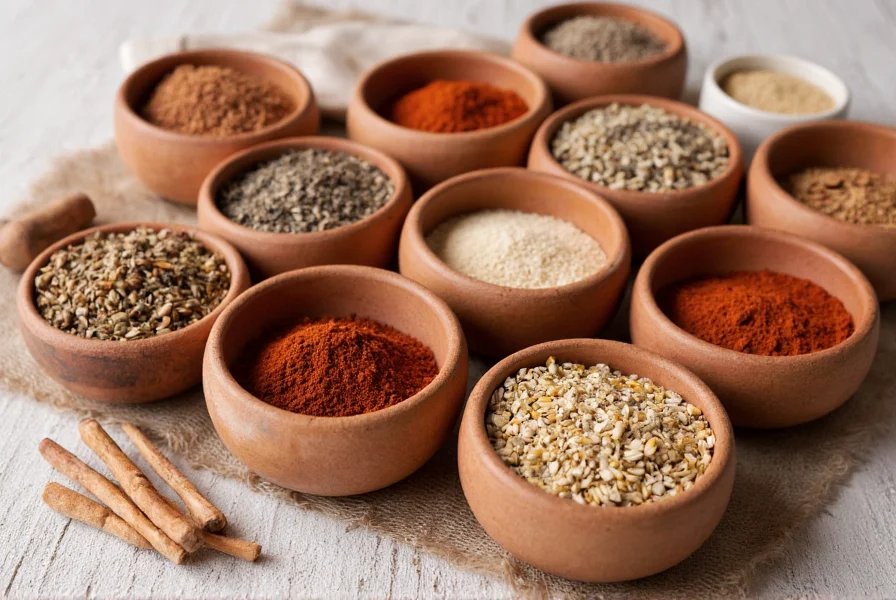 Traditional Greek spice blend ingredients arranged in small ceramic bowls
