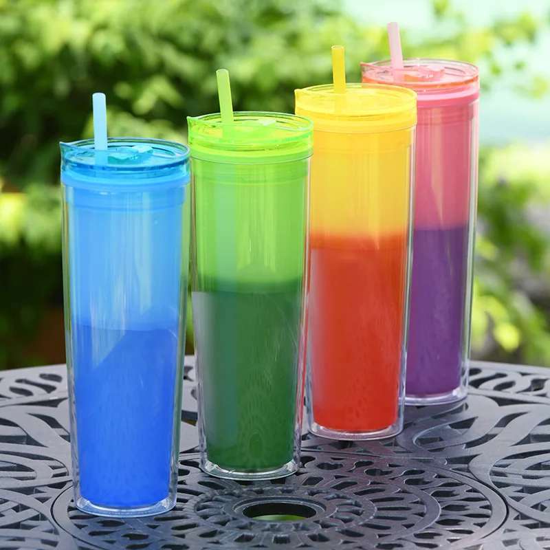

Hot Sale New Double Wall Plastic Tumbler Straw Drinking Mug Color Changing Cups