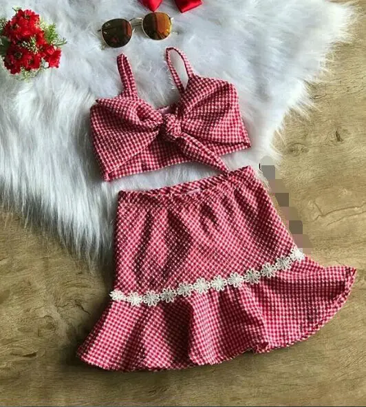 

Summer Cotton Sleeveless Lace Up Bowknot Top + Skirt 2pcs Set