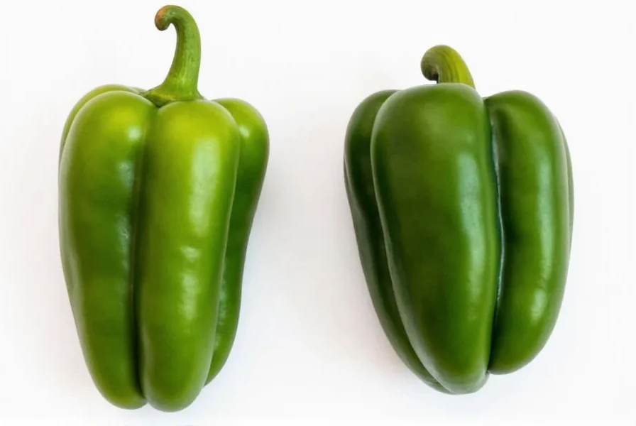 Side-by-side comparison of Anaheim peppers and poblano peppers showing similar size and color