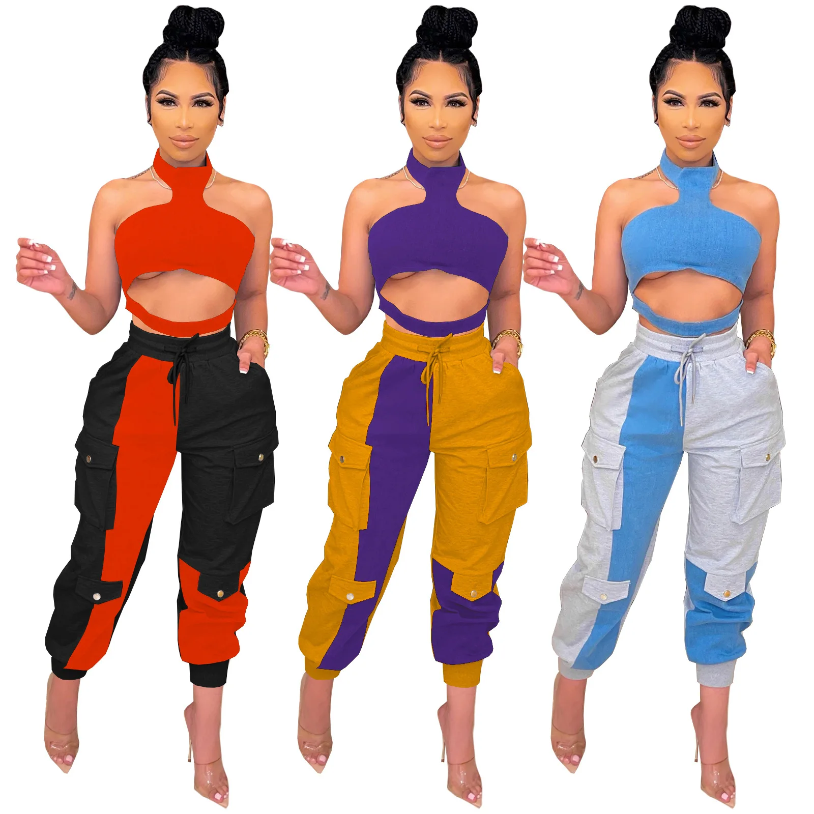 

Fall 2021 Women Clothes Hollow Out Halter Tube Top 2 Piece Pants Set Ladies Patchwork Casual Cargo Pants Suit, Picture shown