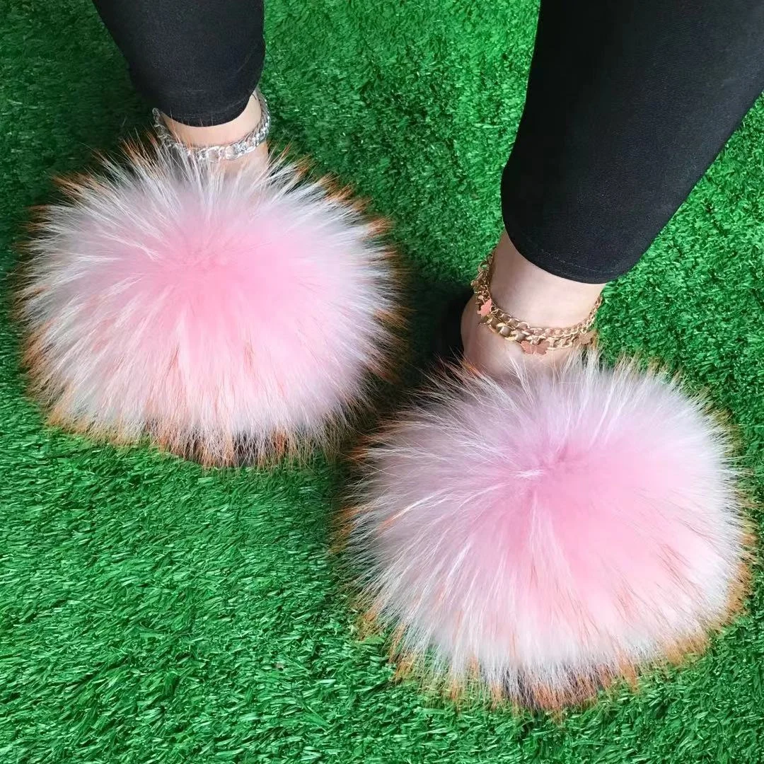 

Women Fur Slippers fox Slides Fluffy Real Fox Fur Slipper Non Slip Indoor Flip Flops Ladies Lovely Funny Shoes, Color matching or can be customized according to requirements